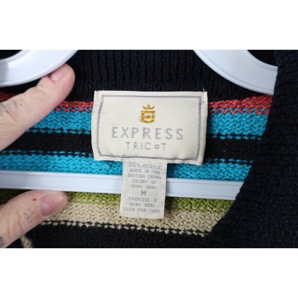Vintage 90s Express Womens Medium Rainbow Striped Marled Knit Collared Sweater - Picture 6 of 11